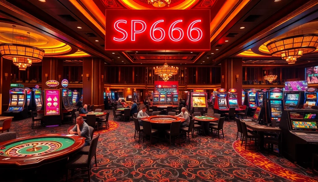 Experience thrilling gameplay at SP666, featuring vibrant slot machines and exciting poker tables in a luxurious casino.