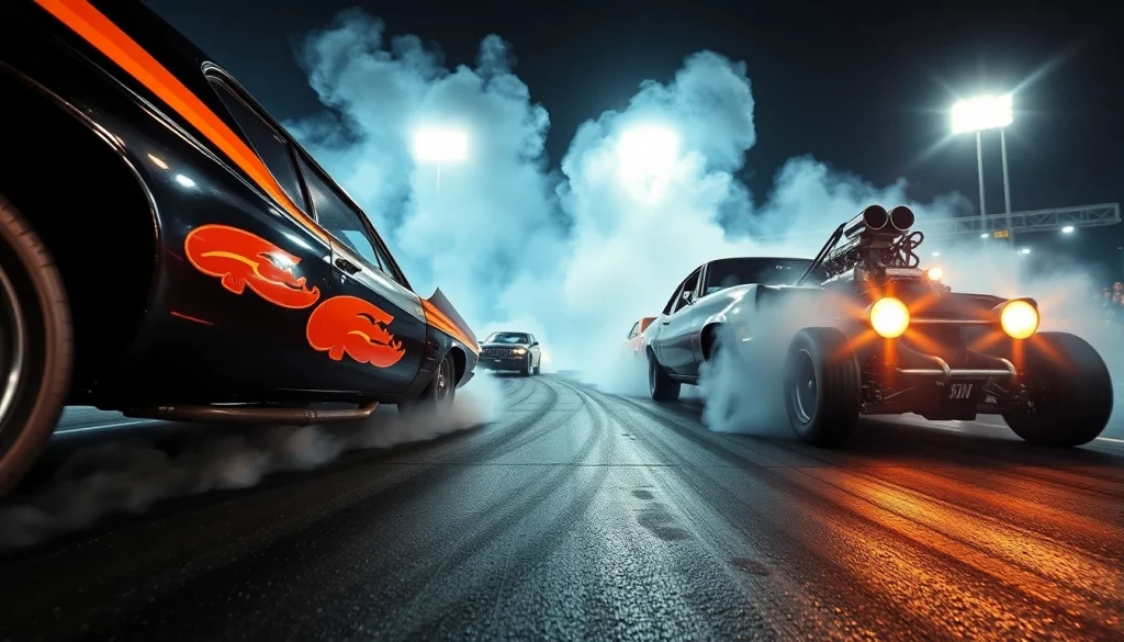 Exciting Drag Racing Events featuring powerful cars launching off the starting line with cheering crowds.