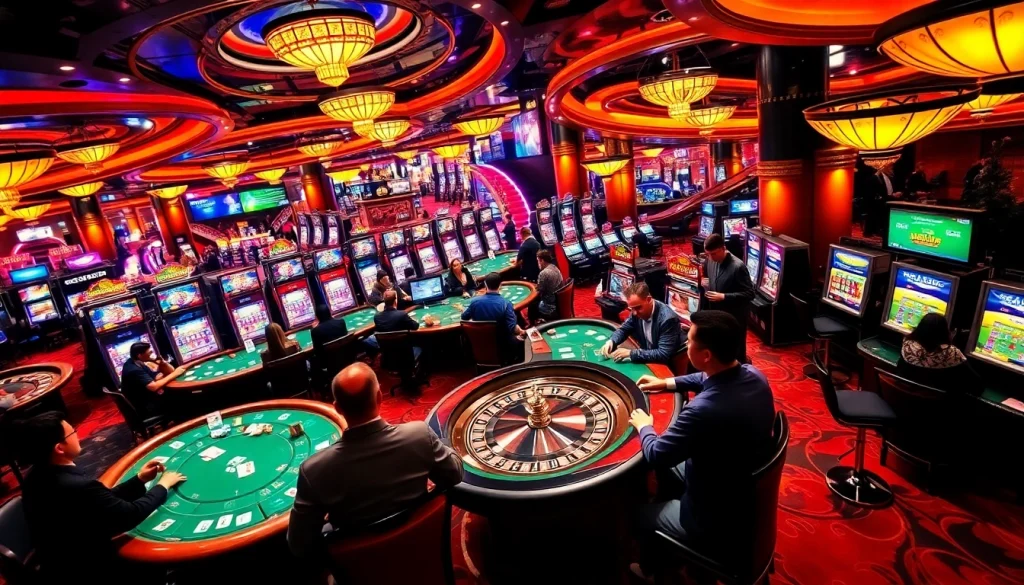 Experience the excitement of gaming at go8 com with players enjoying poker, roulette, and slot machines in a lively casino.