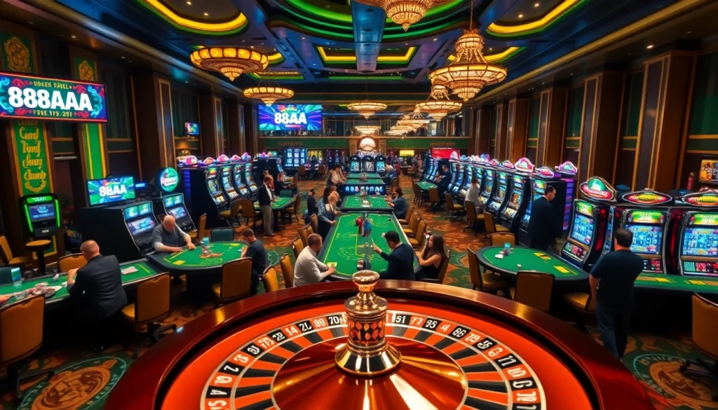 Players enjoying various games in a lively casino atmosphere with 88AA promotions visible on screens.