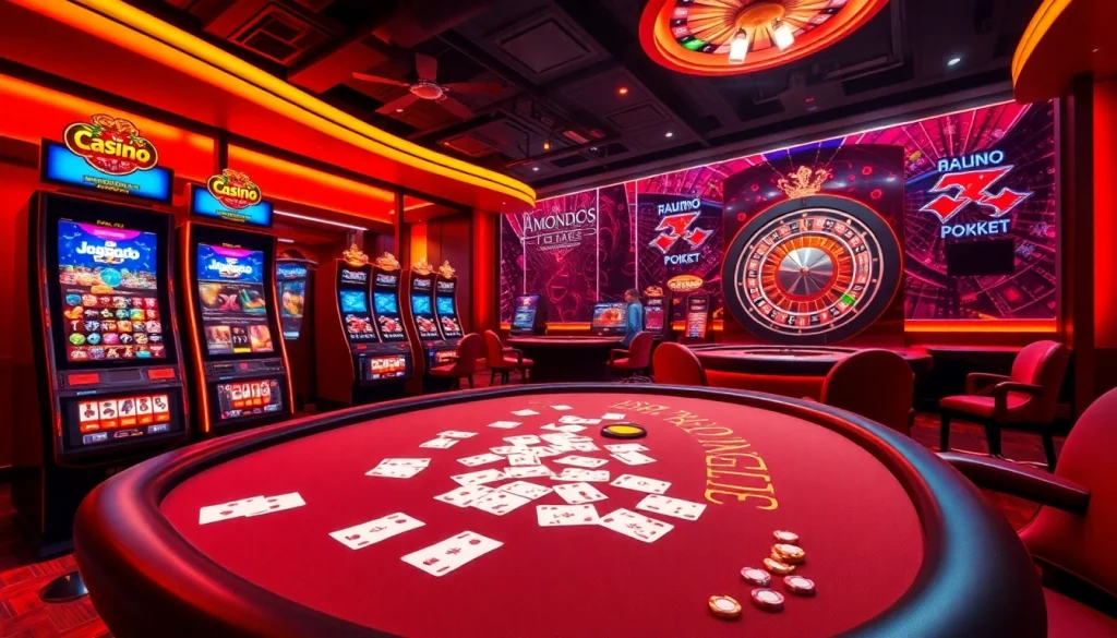 Captivating scene showing jogoluck's online gambling features, including poker tables and vibrant slot machines.