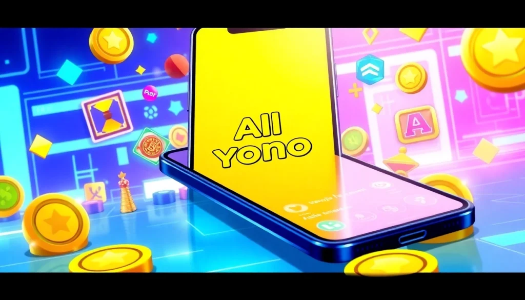 Engaging scene featuring All Yono app interface on a smartphone amidst vibrant gaming elements.