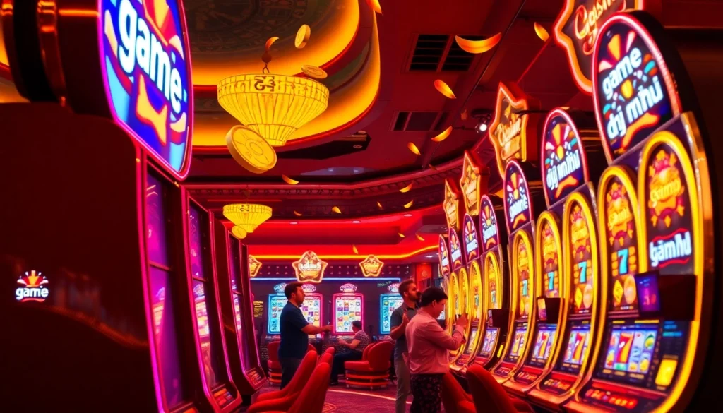 Experience the thrill of game nổ hũ as players win big at dynamic slot machines in a bustling casino.