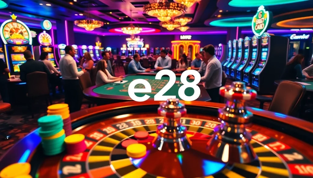 e28 sign illuminates a lively casino with roulette and blackjack tables packed with enthusiastic players celebrating wins.
