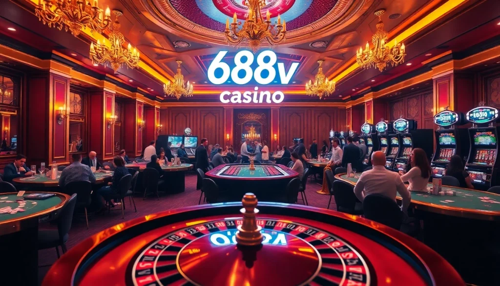 Experience the thrill at 688v casino with players enjoying roulette and poker games.