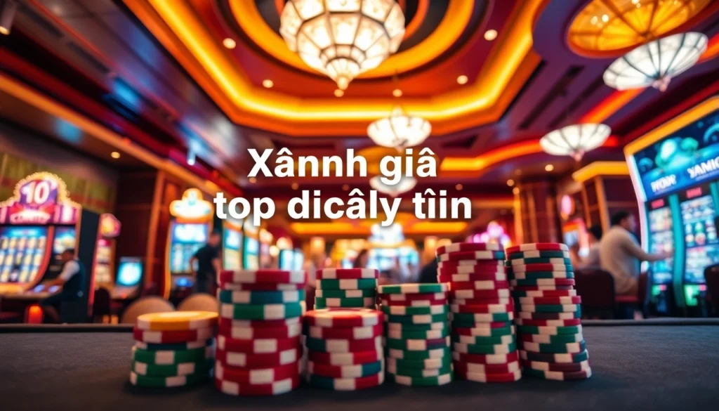 Explore đánh giá top nhà cái uy tín with vivid casino action featuring poker chips and enthusiastic players at the tables.