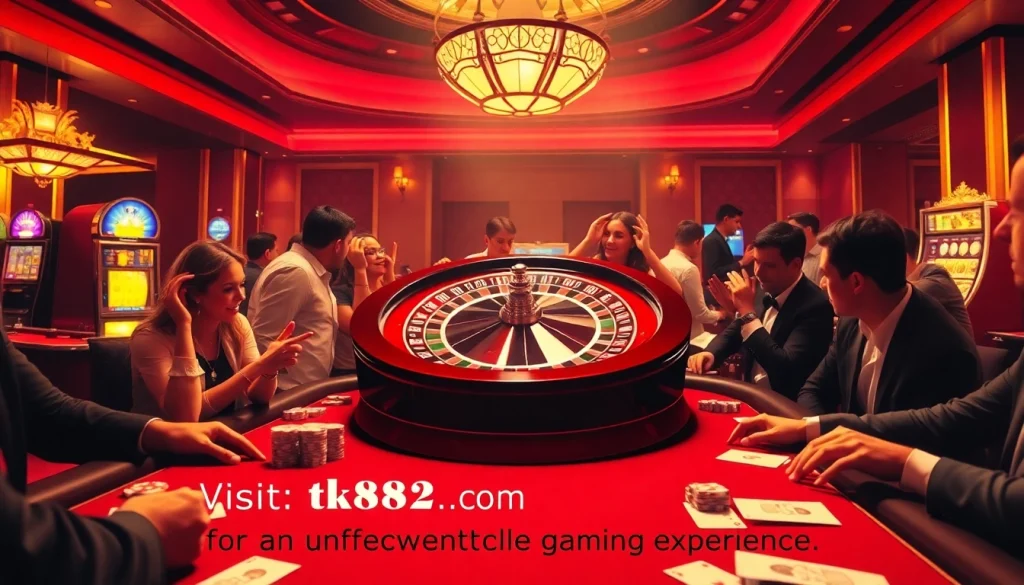 Exciting casino scene at tk88 .com featuring players at a poker table and a glowing roulette wheel.
