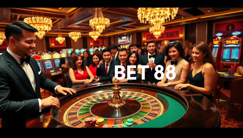 Players enjoying thrilling casino games at TOBET 88, surrounded by vibrant roulette tables and glowing slot machines.