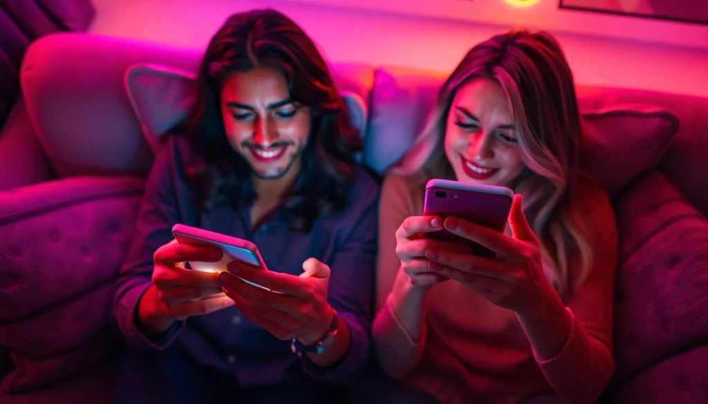 Engaging in ai sexting, a couple shares intimate moments through playful messages on their smartphones.