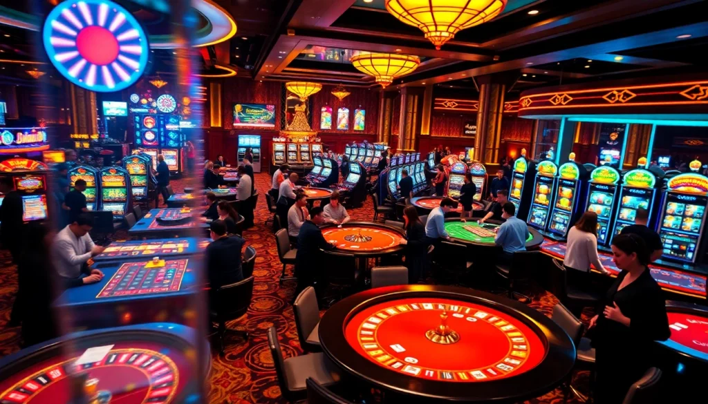 Experience the thrill of winning at U888 com with vibrant casino action, showcasing tables, slot machines, and eager players.