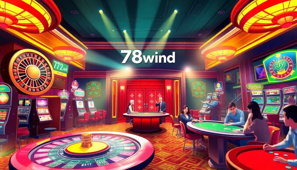 Casino scene showcasing 78wind with roulette, slot machines, and poker players in action, embodying thrilling gambling experiences.